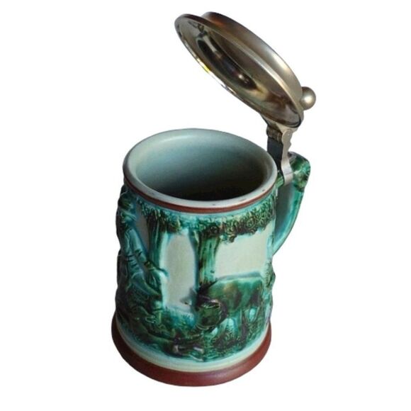 Vintage German Beer Stein Blue Green Glaze Hunter after Deer Hinged Pewter Lid - Picture 4 of 9